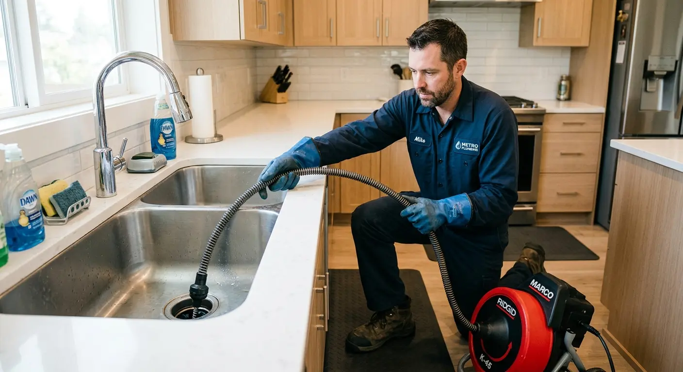Drain cleaning technician using a motorized snake on a kitchen sink in Shiloh