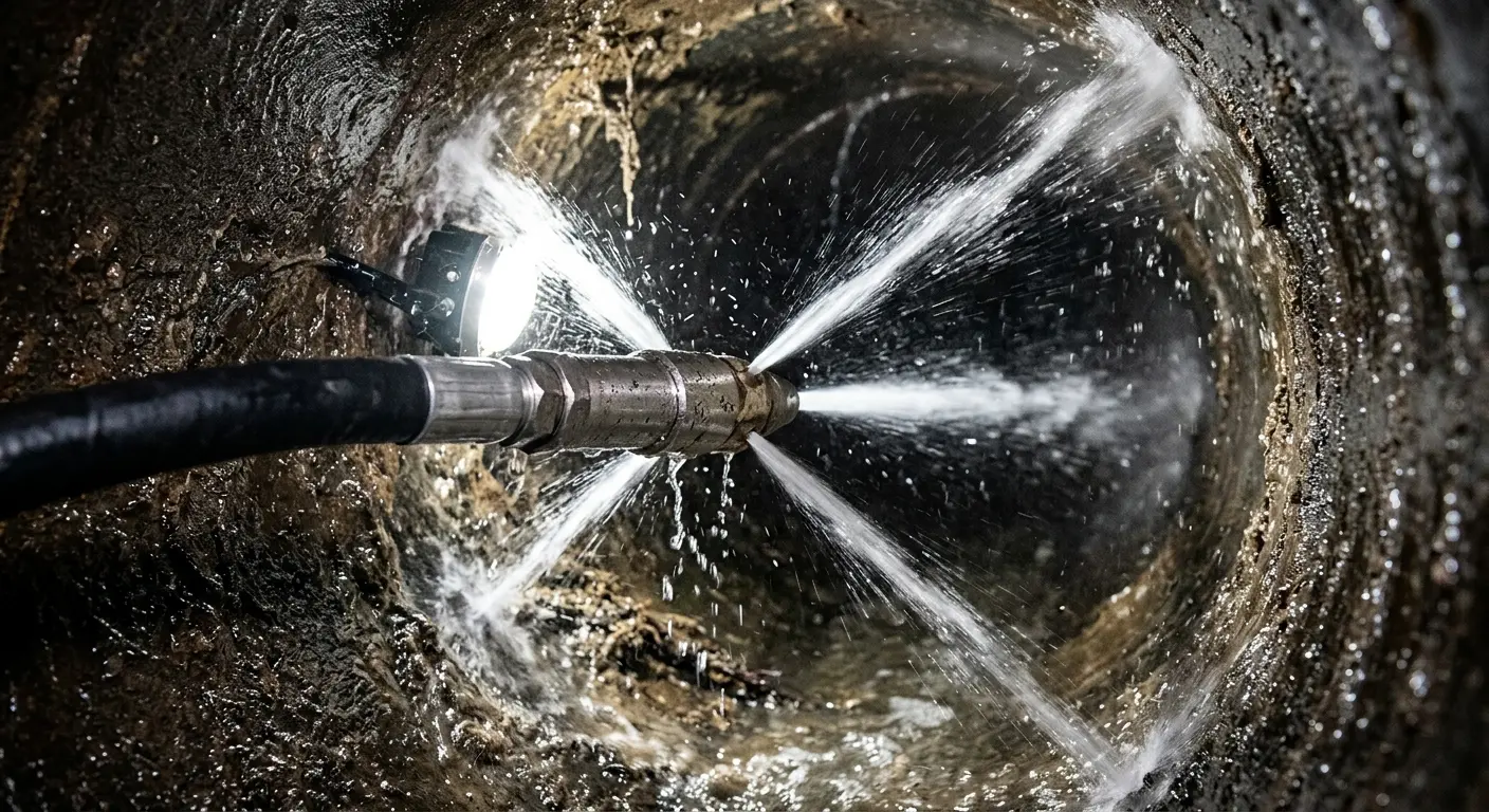 High-pressure hydro jetting nozzle cleaning sewer pipe for Emergency Drain Service in Shiloh